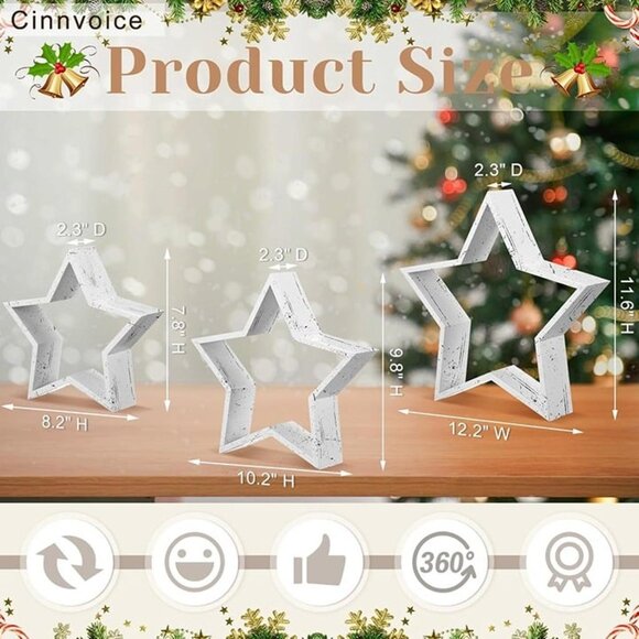 New 3 PCS Wooden Star Christmas Tabletop Decor Christmas Farmhouse Centerpiece - Picture 4 of 9